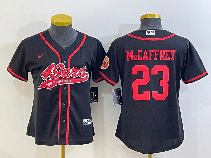 Women's San Francisco 49ers #23 Christian McCaffrey Black With Patch Cool Base Stitched Baseball Jersey(Run Small)